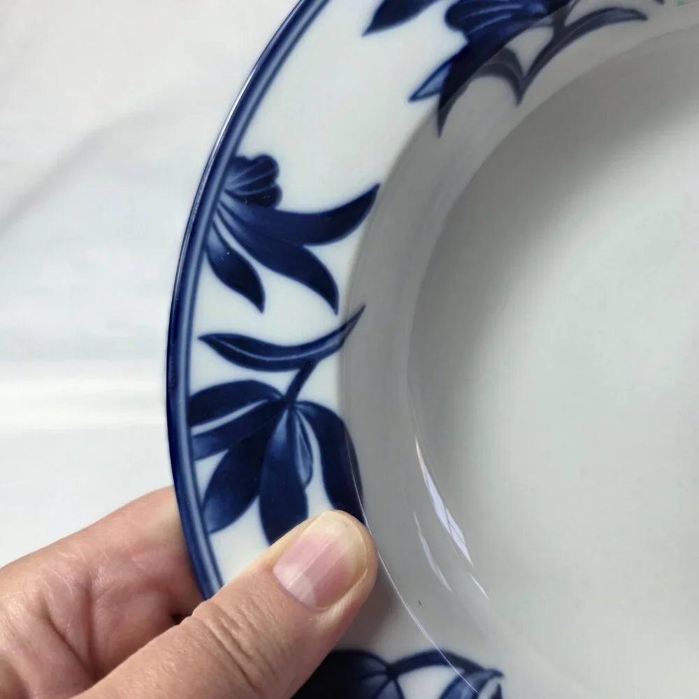 ONE Pier 1 Ming Rim Soup Bowl White with Blue Leaves and Flowers